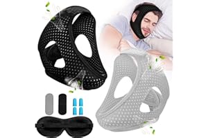 PJTLGYELEE Chin Strap for Sleeping CPAP User, 2Pack Anti Snore Chin Strap to Keep Mouth Closed, Airflow Jaw Strap for Sleep Anti Snoring Chin Straps for Men Women Stop Snoring Strap with Eye Mask Earplugs