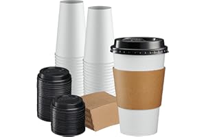 GUSTO [16 oz. - 50 Sets] Disposable Coffee Cups with Lids and Sleeves - to Go Paper Hot Cups for Travel and Office Use - Form