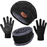 Senker Fashion Winter Hats Scarf and Gloves Set for Men Women, Slouchy Beanie Cap Neck Warmer Screen Touch Gloves Gifts