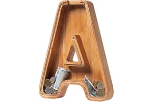 SULEVALT Piggy Bank for Kids Boys Girls, Large Personalized Wooden Letter Piggy Bank with Cut-Out Design, Alphabet Letter Coin Banks, Money Savings Box, Wooden Bank for Kids Creative Gift for Real-Money(A)