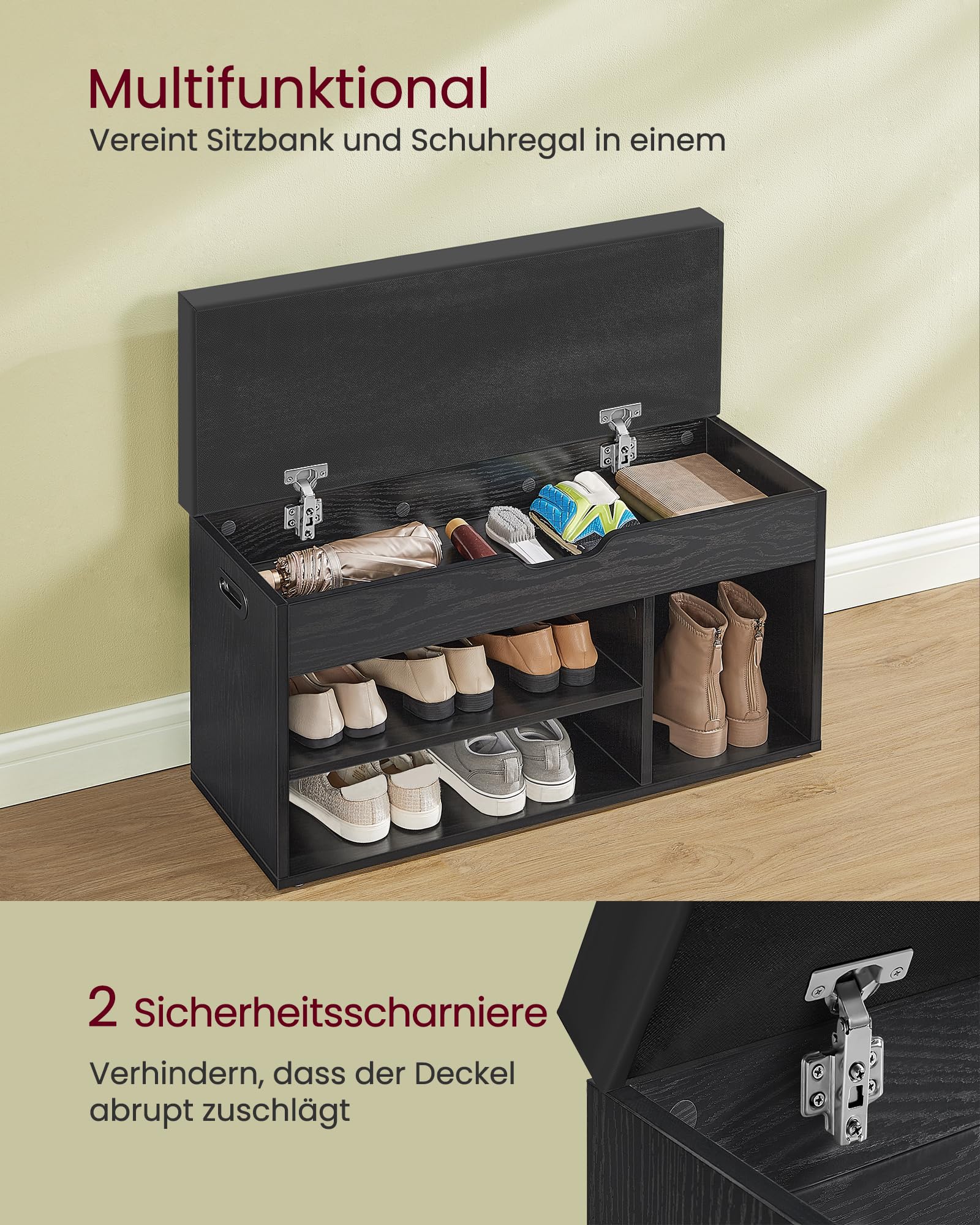 VASAGLE Schuhbank mit Sitzfläche, Sitzbank mit Stauraum, gepolstert, Fach unter Sitzkissen, Schuhregal Wohnzimmer, Flur, bis 136 kg belastbar, 30 x 80 x 44 cm, ebenholzschwarz-tintenschwarz LHS030B03 4