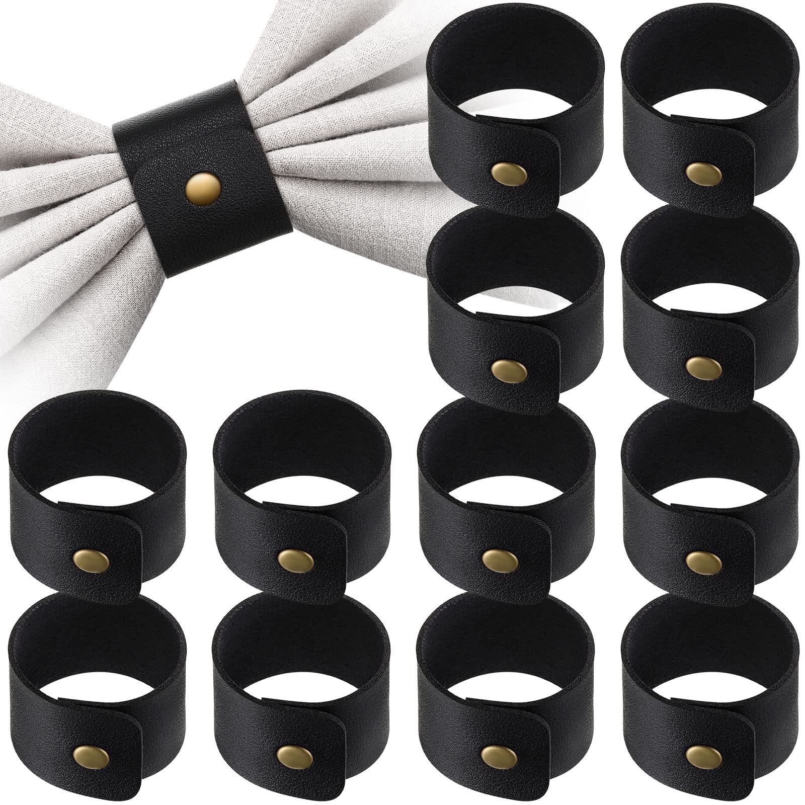 Photo 1 of 12 Pcs Thanksgiving Rustic Napkin Rings Handmade PU Faux Leather Napkin Ring Holder for Farmhouse Christmas Wedding Birthdays Receptions Table Decor Fall Banquets Decoration Party Gifts (Black)