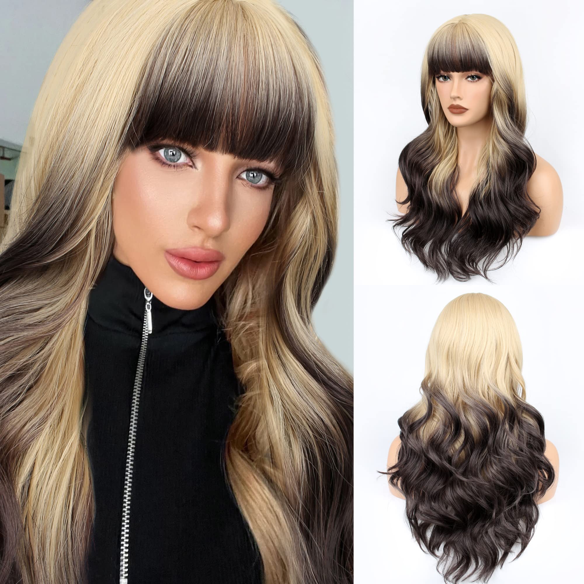 FAELBATY Long Ombre Blonde to Brown Curly Wig with Bangs - Natural Curly Wigs for Women & Girls - 21" RW4/86#