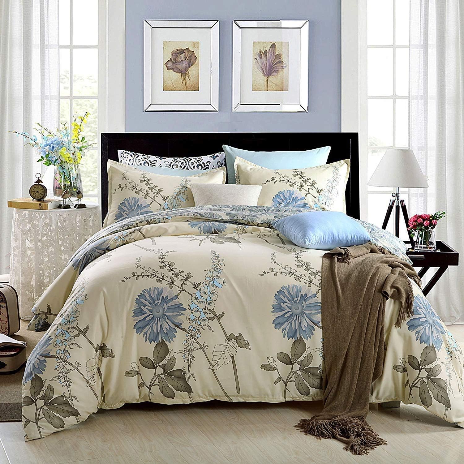 Floral Duvet Cover Home Flowers Jacquard Style Pure Cotton Retro Bedding Sets Size 3pcs (Twin,1 Duvet Cover + 2 Pillow)