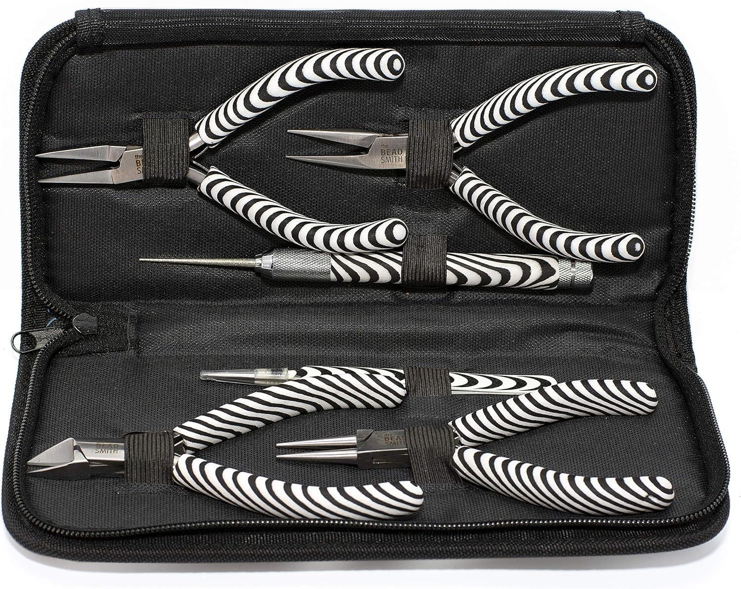 The Beadsmith Zebra Print Tool Kit – 6 Pieces: Chain, Round, and Bent Chain Nose w/Side Cutter, Tweezers, & Reamer with Zippered Pouch, 5-Inch Each