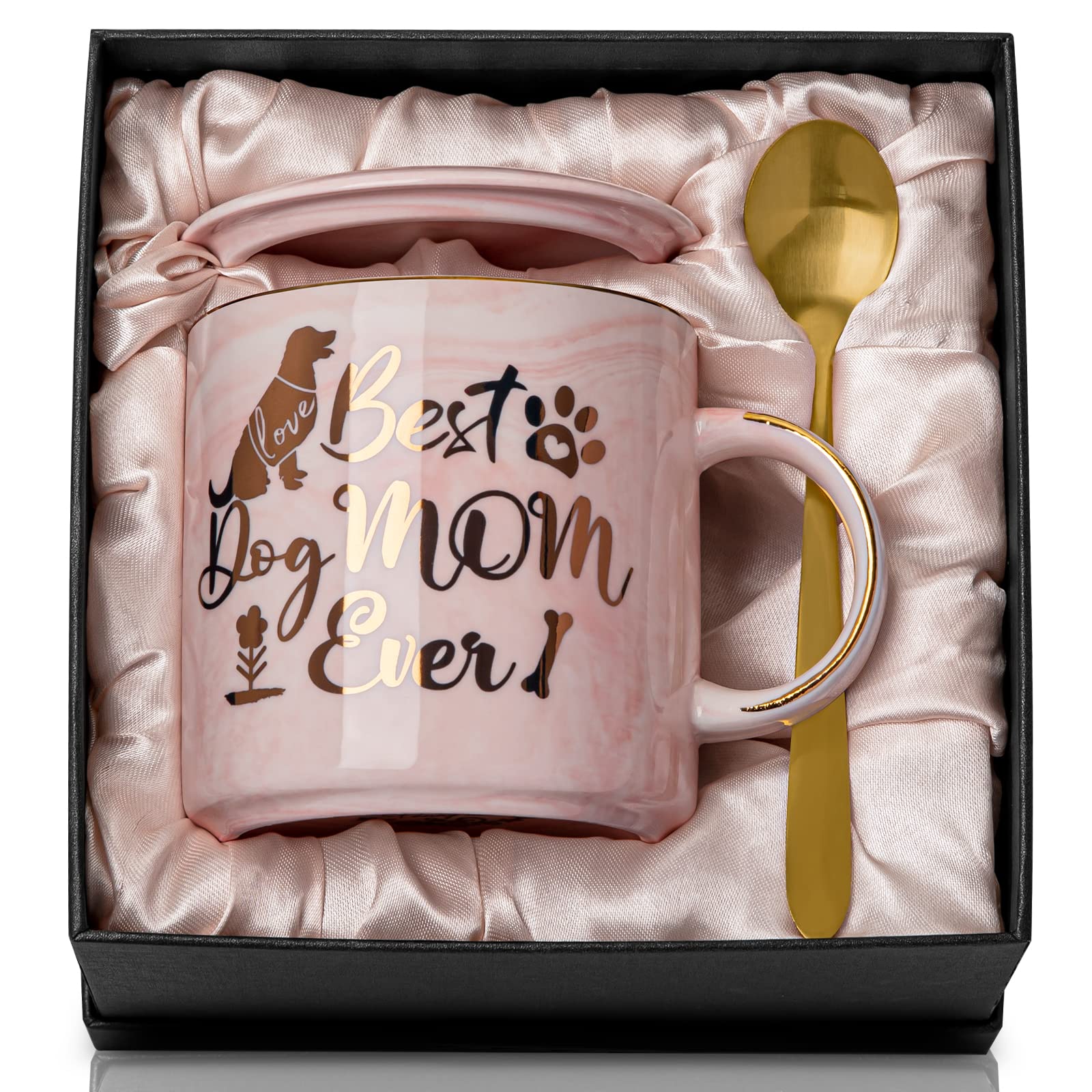 Biching Dog Mum Gifts for Women, Dogs Lovers Gifts, 14oz Best Dog Mum Ever Mug - Pink Marble Coffee Cup with Gold Pattern, Microwave Dishwasher Safe, Lid, Golden Spoon,Greeting Card, Gift Box