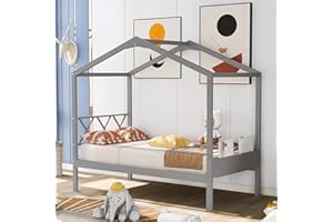 Harper & Bright Designs Twin Size House Bed for Kids, Twin House Bed Frame with Headboard and Storage Space, Wooden Kids House Bed Twin for Girls, Boys,No Box Spring Needed,Grey
