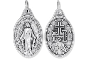 CARITAS ET FIDES Bulk Pack of 5 - Miraculous Medals Catholic Spanish, 1 Inch Oval Design - Medalla de la Virgen Milagrosa Original Immaculate Conception Medal Mary Necklace Pendant or Rosary Attachment, Made in Italy