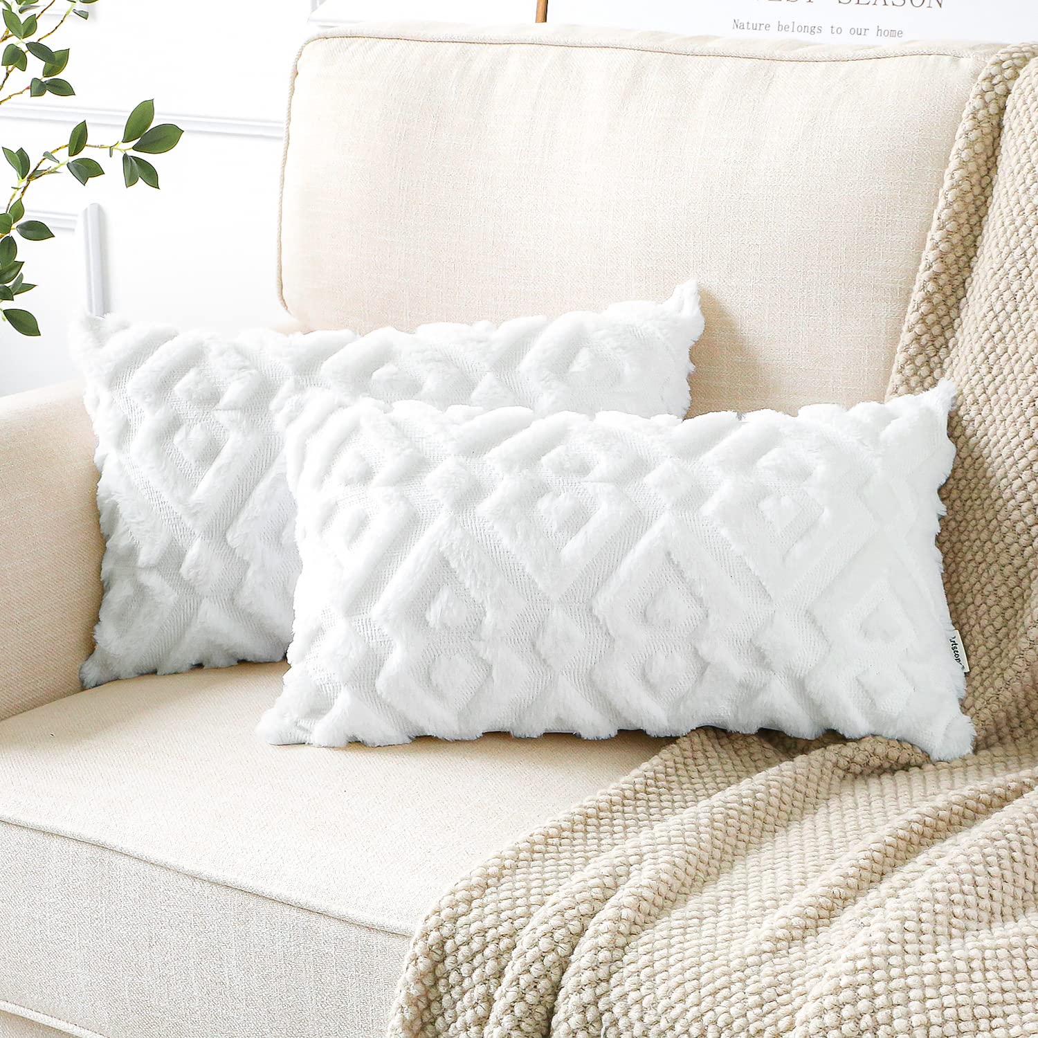 Artscope Pack of 2 Soft Plush Short Wool Velvet Decorative Cushion Covers Luxury Style Throw Pillow Covers European Pillow Shell for Sofa Bedroom Diamond Shape White, 30x50cm