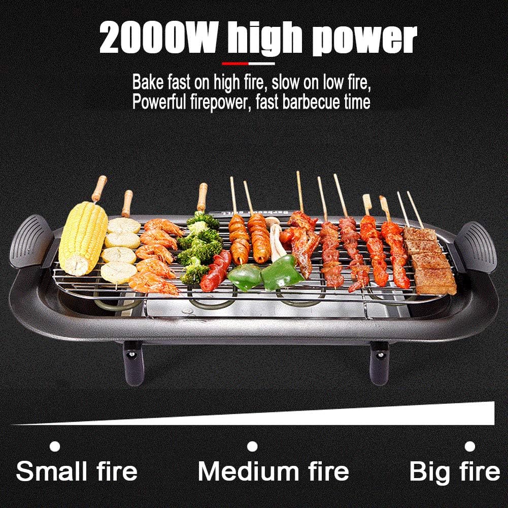 review Portable BBQ Barbecue, Electric Grill Indoor Smokeless Electric-Griddles with Non-Stick Grill Net, Adjustable Heat Control Grease Drip Tray Extra Large Surface 62X32cm, Black, 2000W