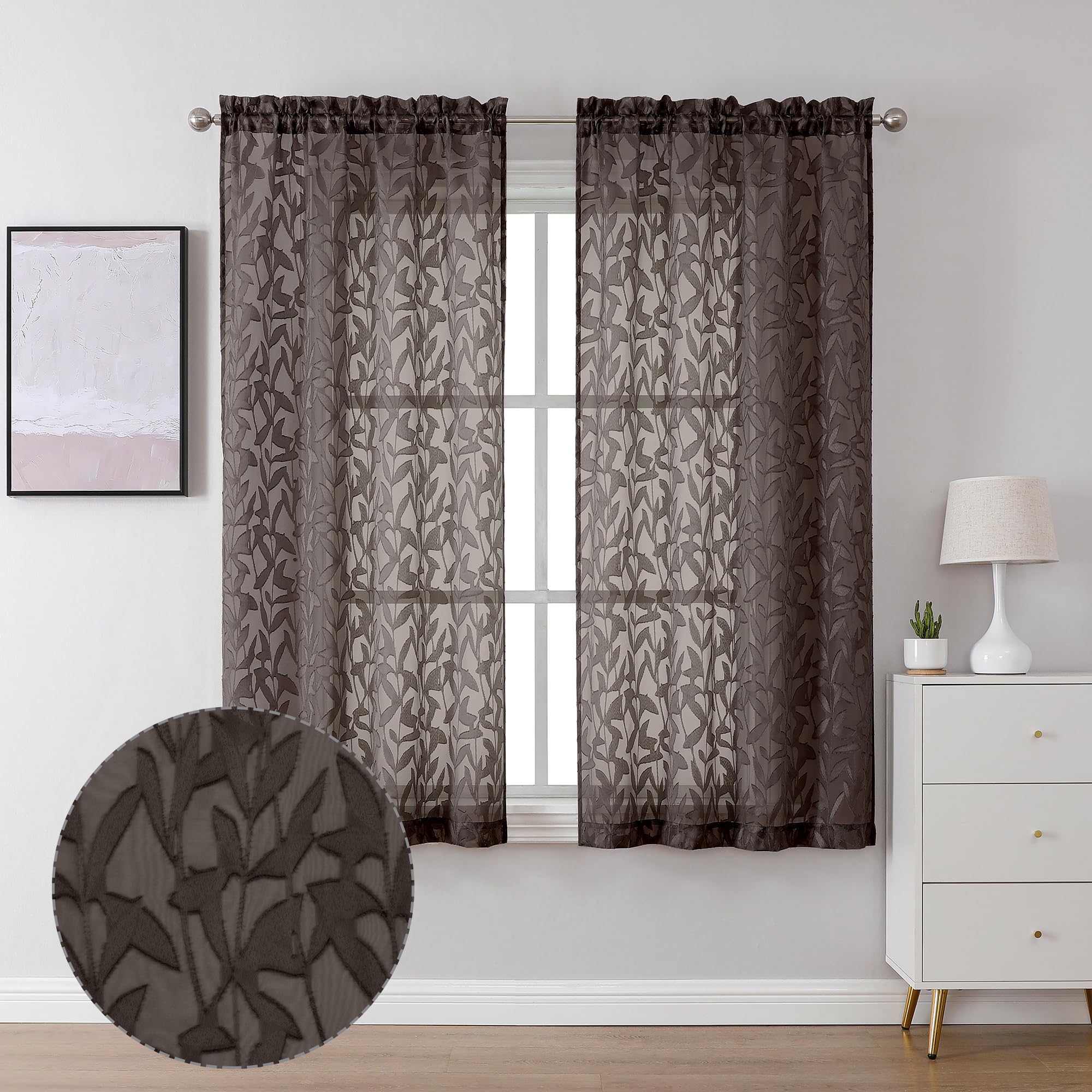 Photo 1 of Lecloud Leia Clip Textured Leaf Chocolate Brown Sheer Curtain 63 Inch Length 2 Panels, Light Filtering Jacquard Voile Curtain with Dual Rod Pockets, Kitchen/Bedroom Window Drapes, 38x63 Inches