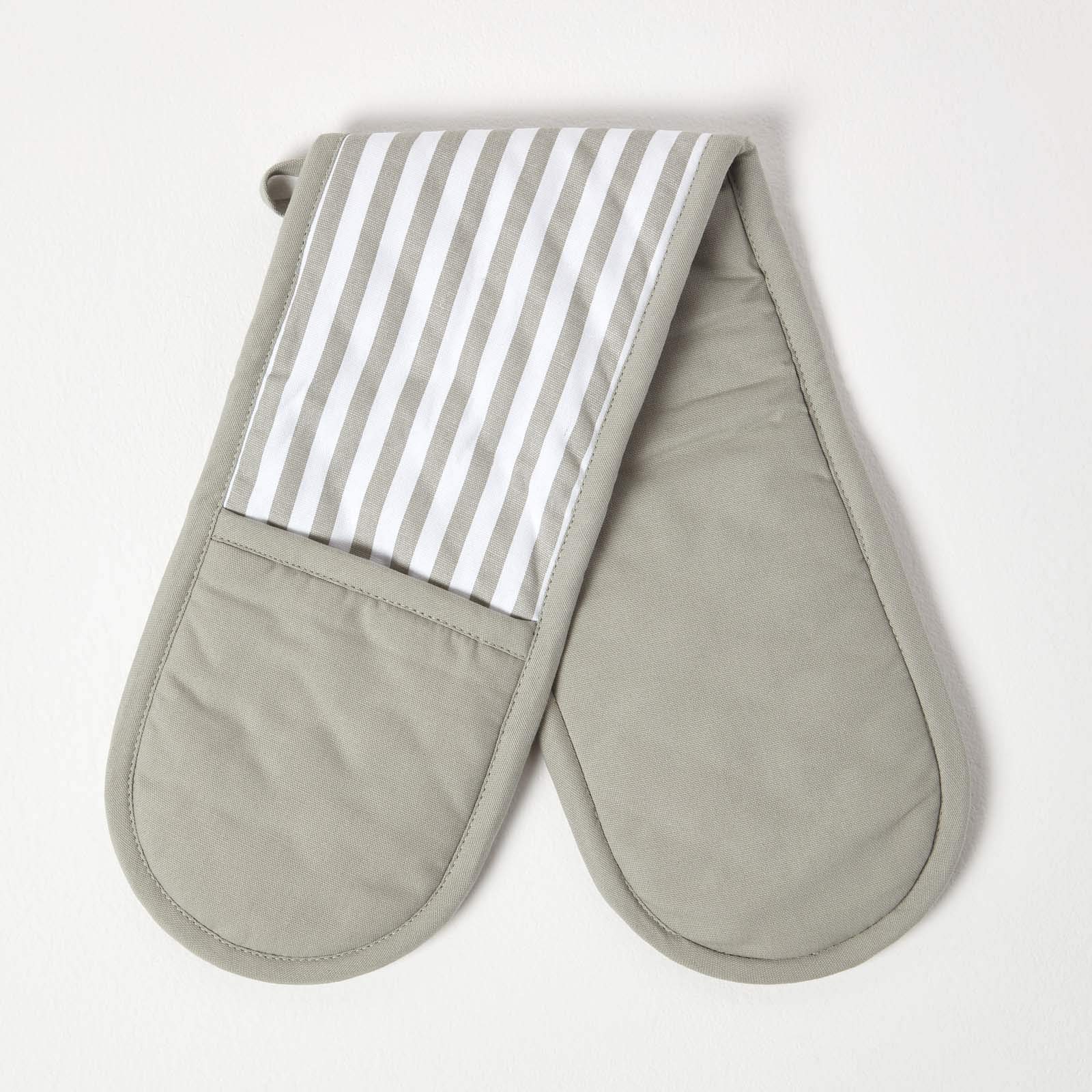 HOMESCAPES - Pure Cotton Double Oven Glove - Thin Stripe - Grey White - 18 x 84 cm - Fully Coordinated Washable Kitchen Linen