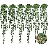 RECUTMS 6pcs Artificial Succulents Hanging Plants Fake Hanging String of Pearls Plant Faux Greenery Wall Plants for Spring Indoor Outdoor Home Bedroom Patio Garden Valentine's Day Decor