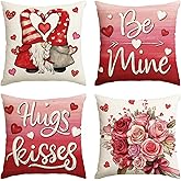 AVOIN colorlife Valentine's Day Hugs and Kisses Dwarf Throw Pillow Covers, 16 x 16 Inch Be Mine Rose Bouquet Anniversary Wedding Cushion Case Decoration for Sofa Couch Set of 4