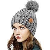PIOZAED Womens Winter Beanie Hat Fleece Lined Warm Skull Cap with Faux Fur Pom Cuff Knitted Hat for Women