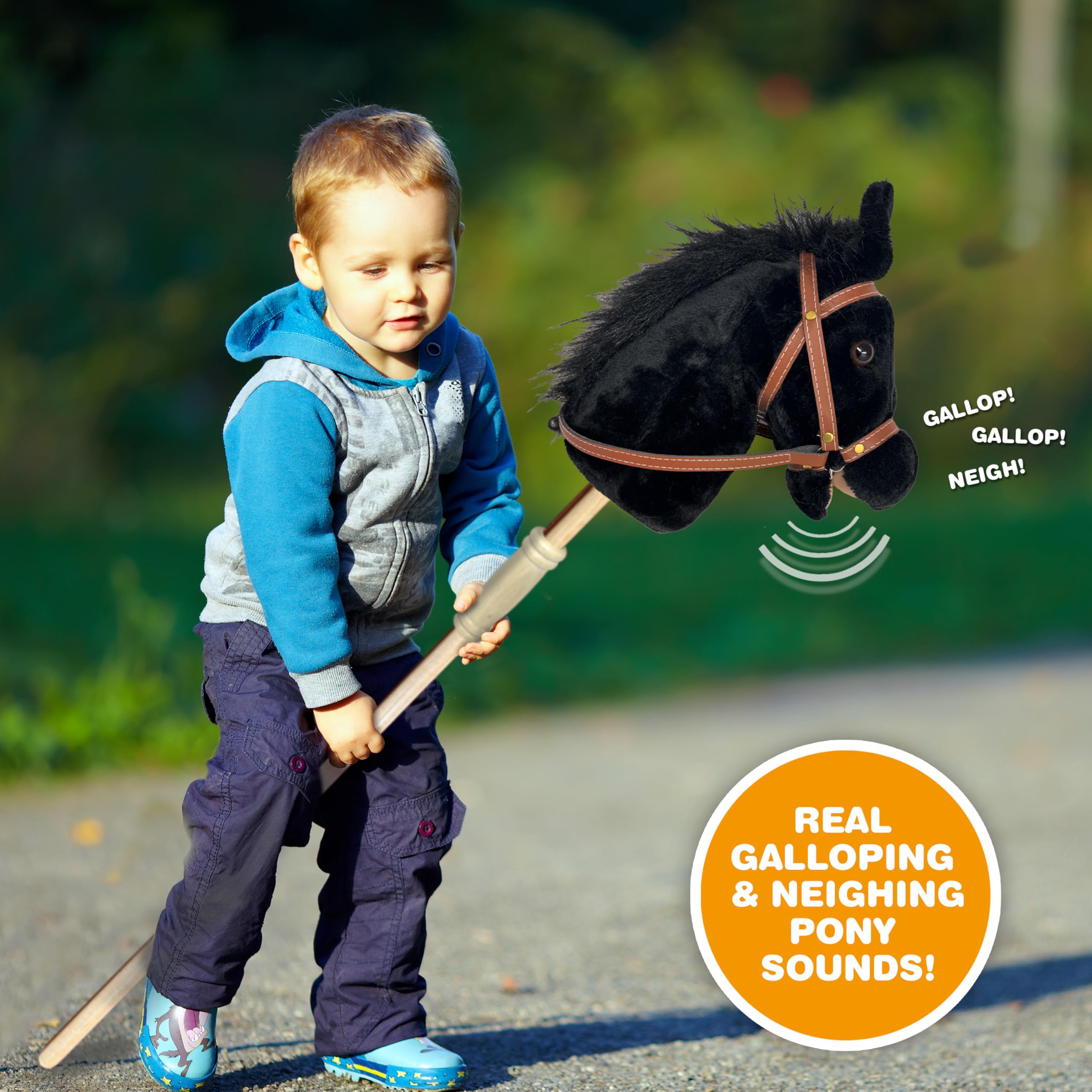 Nature Bound Stick Horse | Horse on a Stick with Sound Effects – Handcrafted Plush Stick Pony for Toddlers & Kids | Handsewn, Sturdy Wooden Handle | Pretend Play Horse Toy (Black)