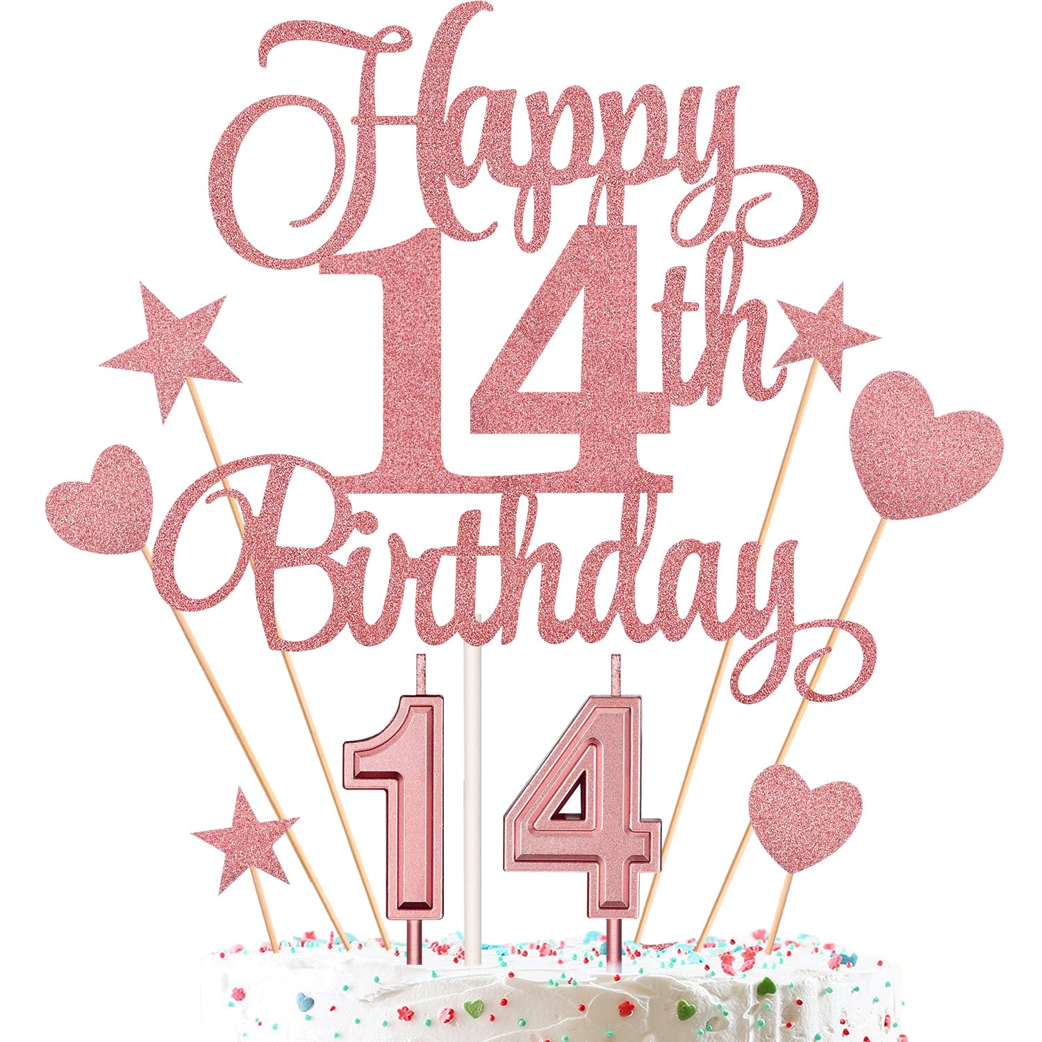 Photo 1 of 14th Birthday Cake Decorations Set Include 14th Birthday Candles Numeral 14 Cake Candles and Happy 14th Birthday Cake Toppers with Heart Star Cupcake Picks for Birthday Party (Rose Gold Series)