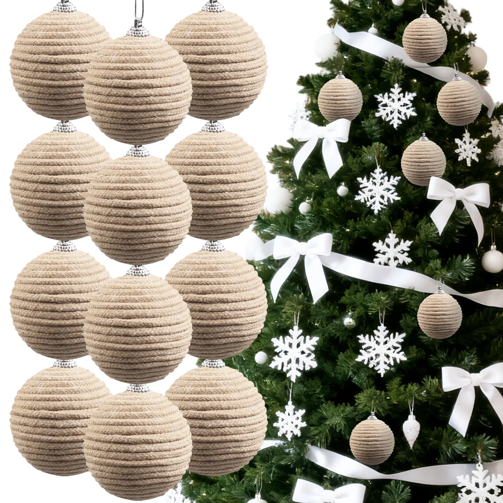 Photo 1 of 12 Pcs Boho Ball Ornaments,2.36 Inch Farmhouse Jute Rope Decor,Neutral Hanging Balls, Burlap Neutral Fabric Decor,Ornaments for Valentines Day, Wedding,Home,Wreath,Wedding,Garland (Linen)