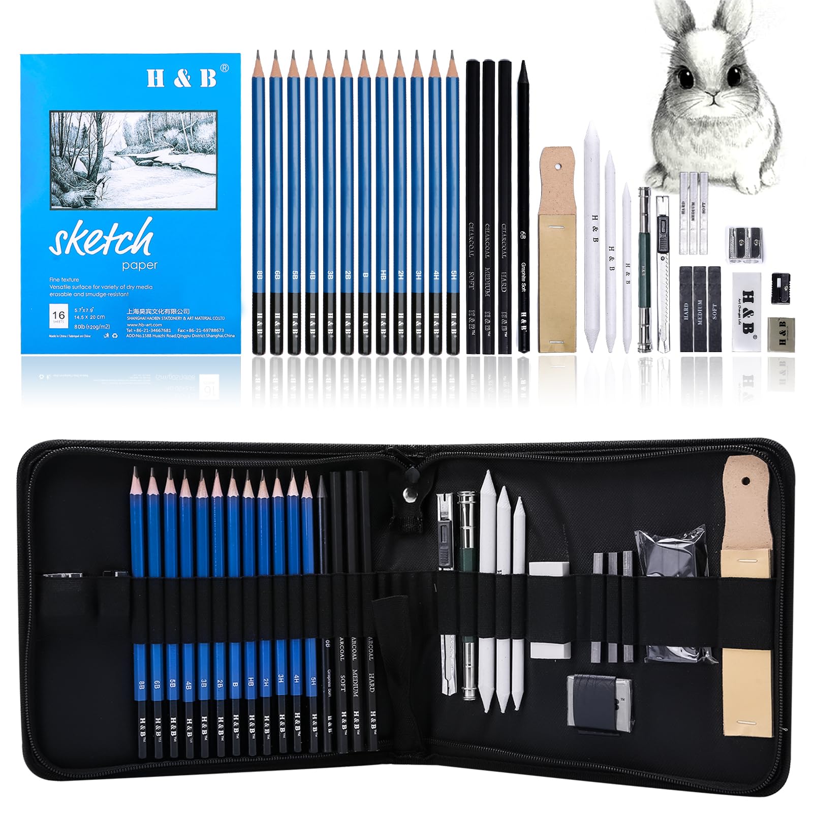 Photo 1 of H & B 33 Pieces Drawing Pencils Set, Sketching Pencils Set & Drawing Kit, Includes Sketch Pad, Graphite Pencils, Charcoal Sticks and Eraser, Supplies for Artists/Beginner/Adults