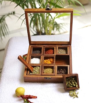 Ryka Wooden Spice Box/Wooden Masala Box/Wooden Utility Masala Box/Glass Top/Made of Finest Wood/Quality Assured