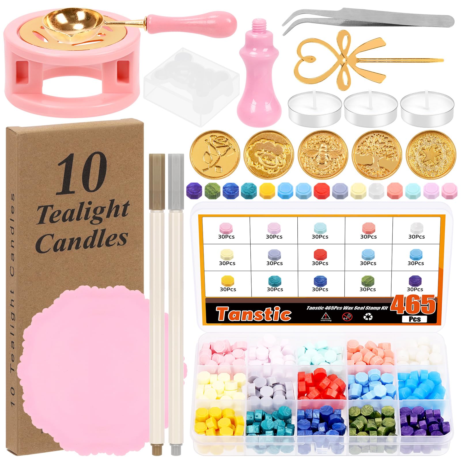 Tanstic Sealing Wax Stamp Kit - 474 Pieces with 15 Colors of Pearls, Wax Warmer, Spoon, Candles, Metal Pens, Stamp Mat — image 1