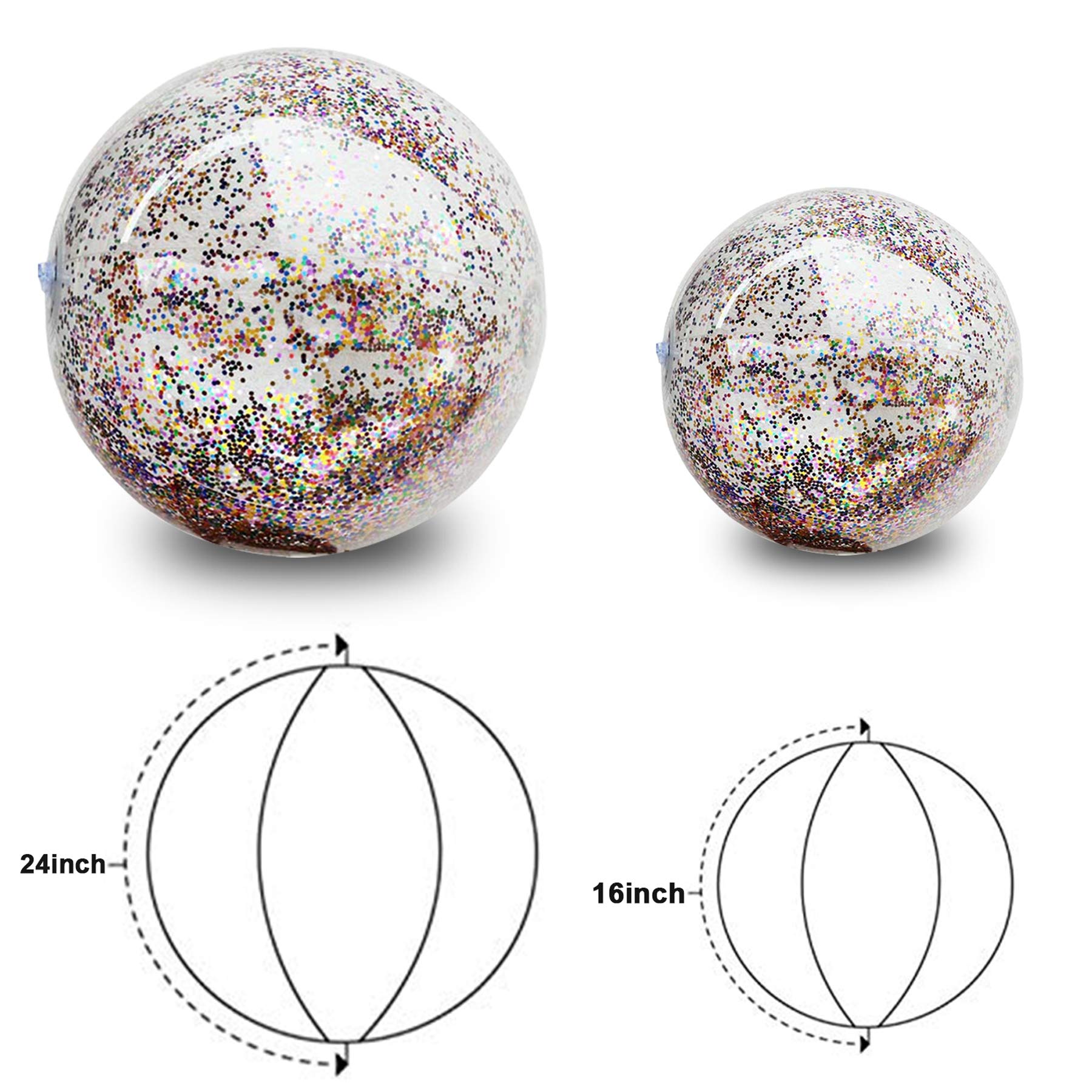 TURNMEON 5 Pack Sequins Beach Ball Jumbo Pool Toys Balls 16 Inch 24 Inch Giant Confetti Glitters Inflatable Clear Beach Ball Swimming Pool Water Beach Toys Outdoor Summer Party Favors for Kids Adults