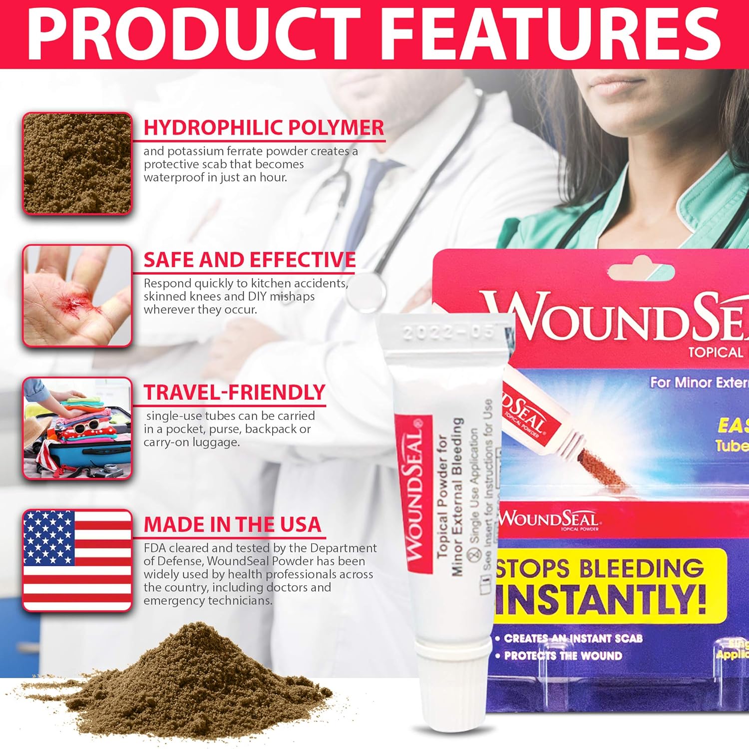 WoundSeal Topical Powder Wound Care First Aid for Cuts, Scrapes and Abrasions Single Use, 4 count (Packaging May Vary): Health & Personal Care