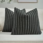 FUTEI Dark Grey Throw Pillow Covers Set of 2, 18x18 Inch Soft Faux Rabbit Fur Striped Texture Cushion Cases, Modern Decorative Couch Pillows for Living Room Bed