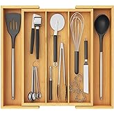 Lifewit Utensil Organizer for Kitchen Drawer, Expandable Cooking Utensil Tray, Bamboo Cutlery Silverware Flatware Holder, Adjustable Spatula Tools Storage Divider, 13-22x15"/ 33 -56x38cm, Natural