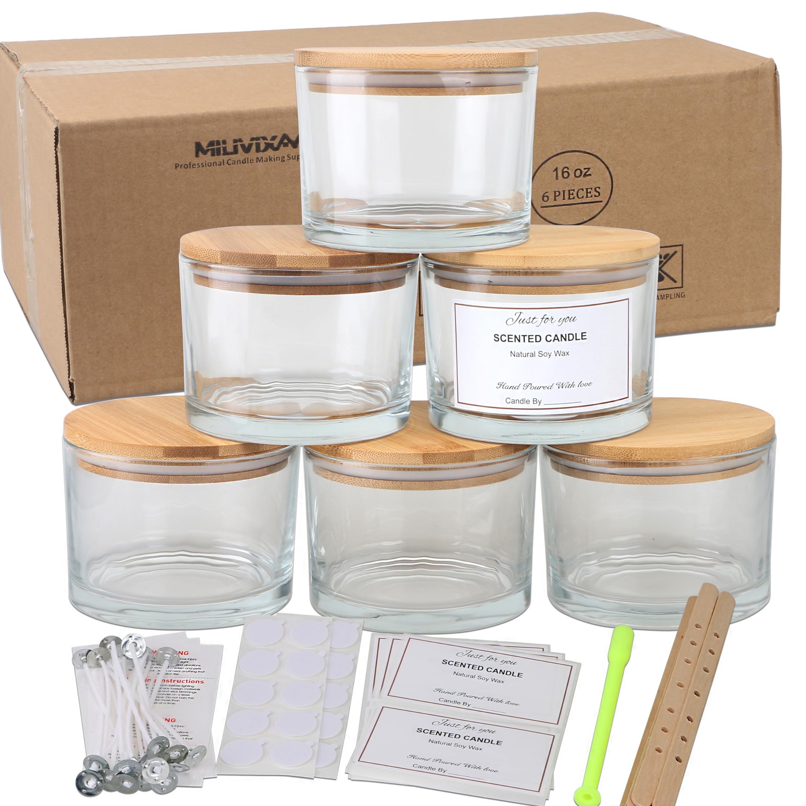 MILIVIXAY 6 Pack 16 oz Candle Jars With Bamboo Lids and Making Kits - 3 Wick Clear Thick Glass for Large Candles - Spice, Powder Containers