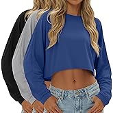 Evervibe 3 Pack Women's Lantern Long Sleeve Oversized Crop Tops Crew Neck Loose Pullover Sweatshirts Casual Workout Shirts