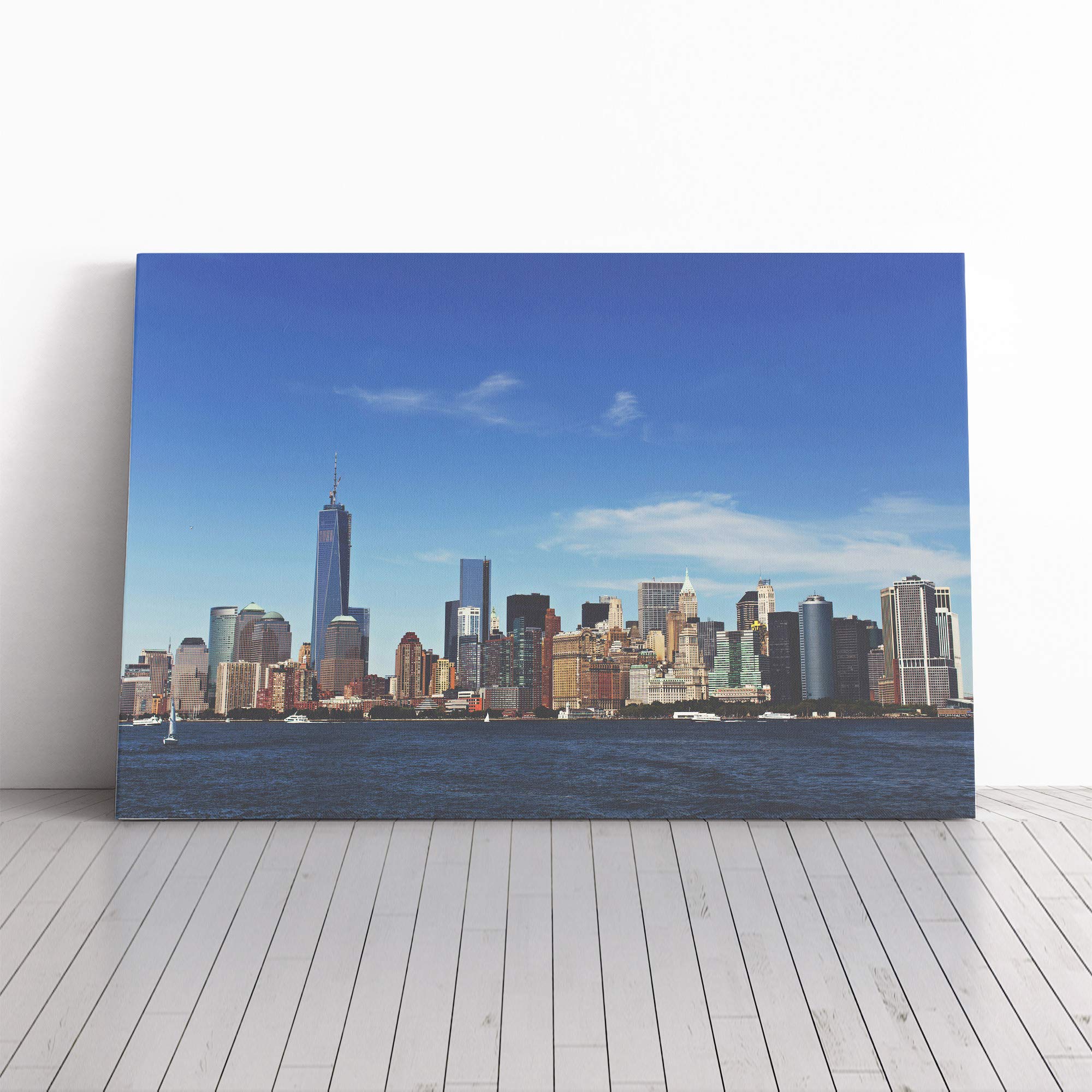 Manhattan New York with Blue Sky Canvas Print | Gallery Wrapped 30mm Frame Wall Art | 20x14 inches | Ready to Hang | Modern Picture | Living Room Bedroom Lounge Office