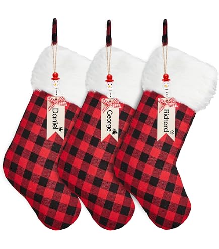Buffalo Plaid Christmas Stockings Set Of 5 - Large Red & Black Stockings For Mantel Decor - View #3