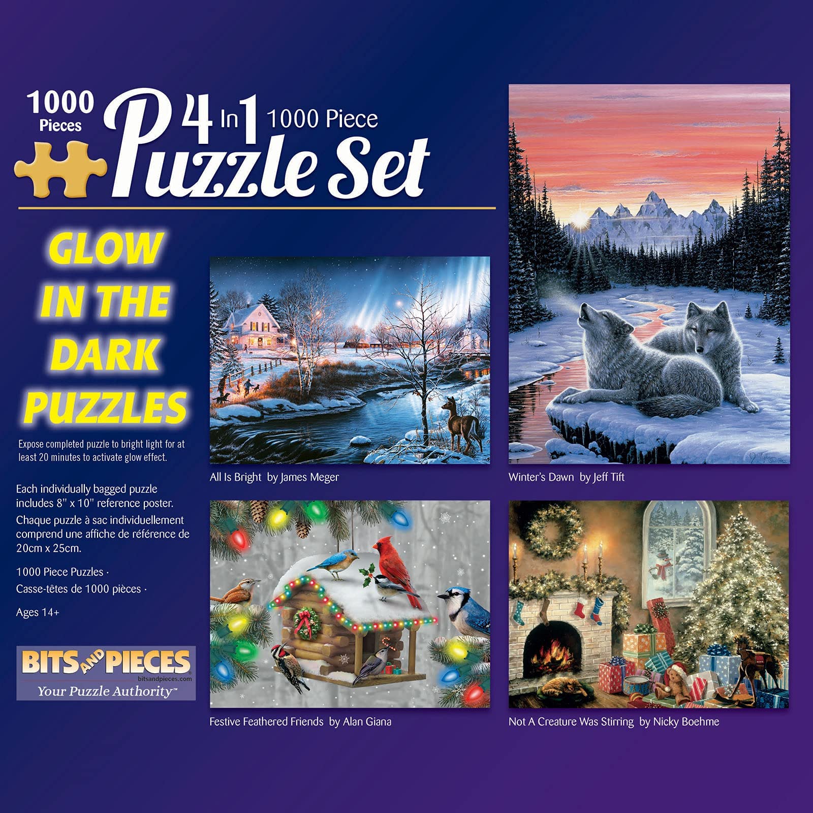 Bits and Pieces - 1000 Piece Multipack 4-in-1 Glow Puzzle Set - 1000 Piece Jigsaw Puzzle Set for Adults - Each Puzzle Measures 51cm x 69cm - Snowy Winter Nature Glow Jigsaw by Artist Alan Giana