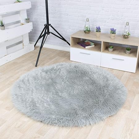 Taracarpet Kunstfell Teppich Silbergrau 045x045 cm rund Schaffell Imitat Wohnzimmer Schlafzimmer Kinderzimmer auch als Bett-V
