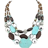 Bocar 3 Layer Turquoise Wood Beaded Statement Chunky Necklace Multi Strands Handmade Collar Jewelry for Women Gifts (NK-10124)