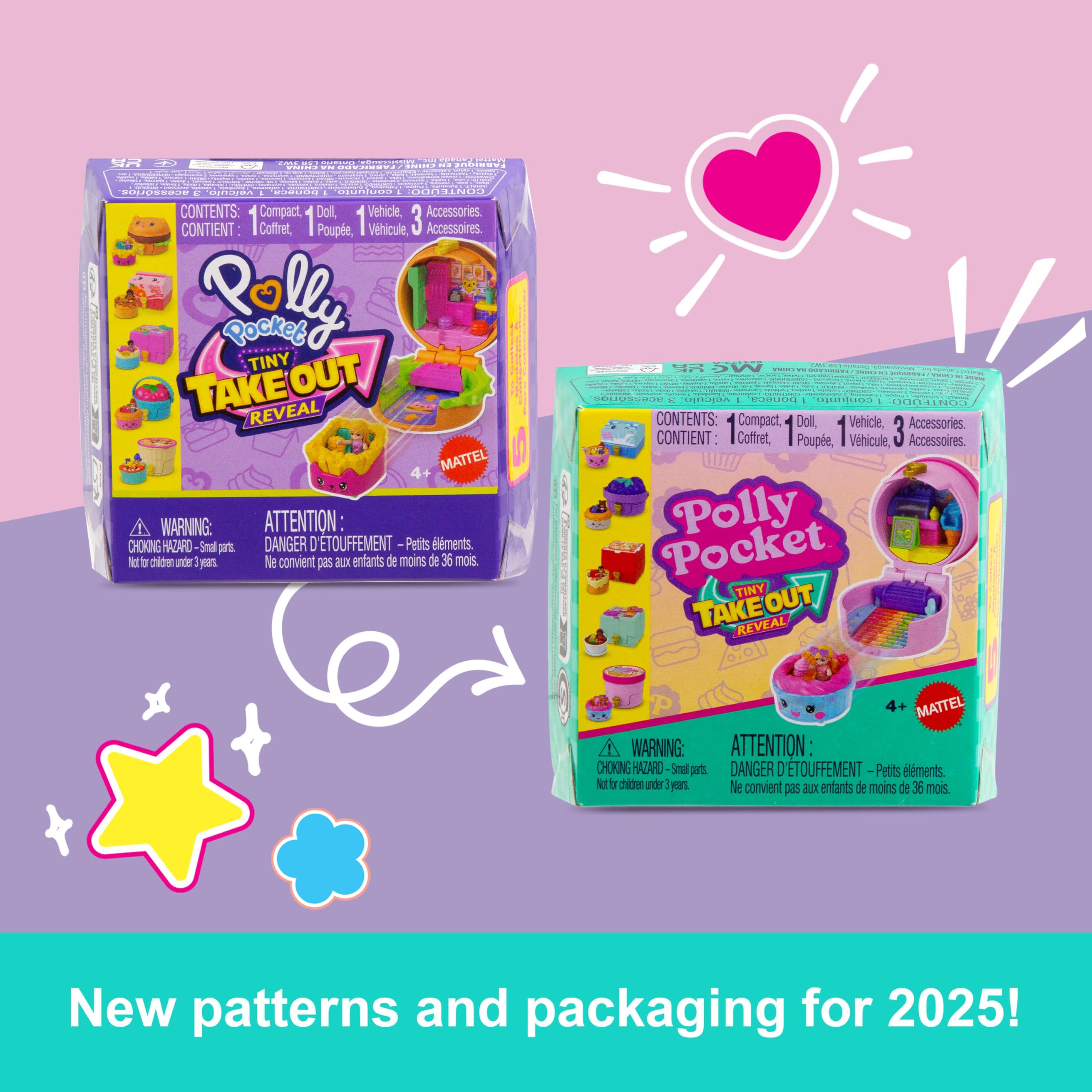 Polly Pocket Micro Dolls & Compacts with Toy Cars, Food Theme Vehicle Collection, Tiny Take Out Reveal Assortment with Surprises