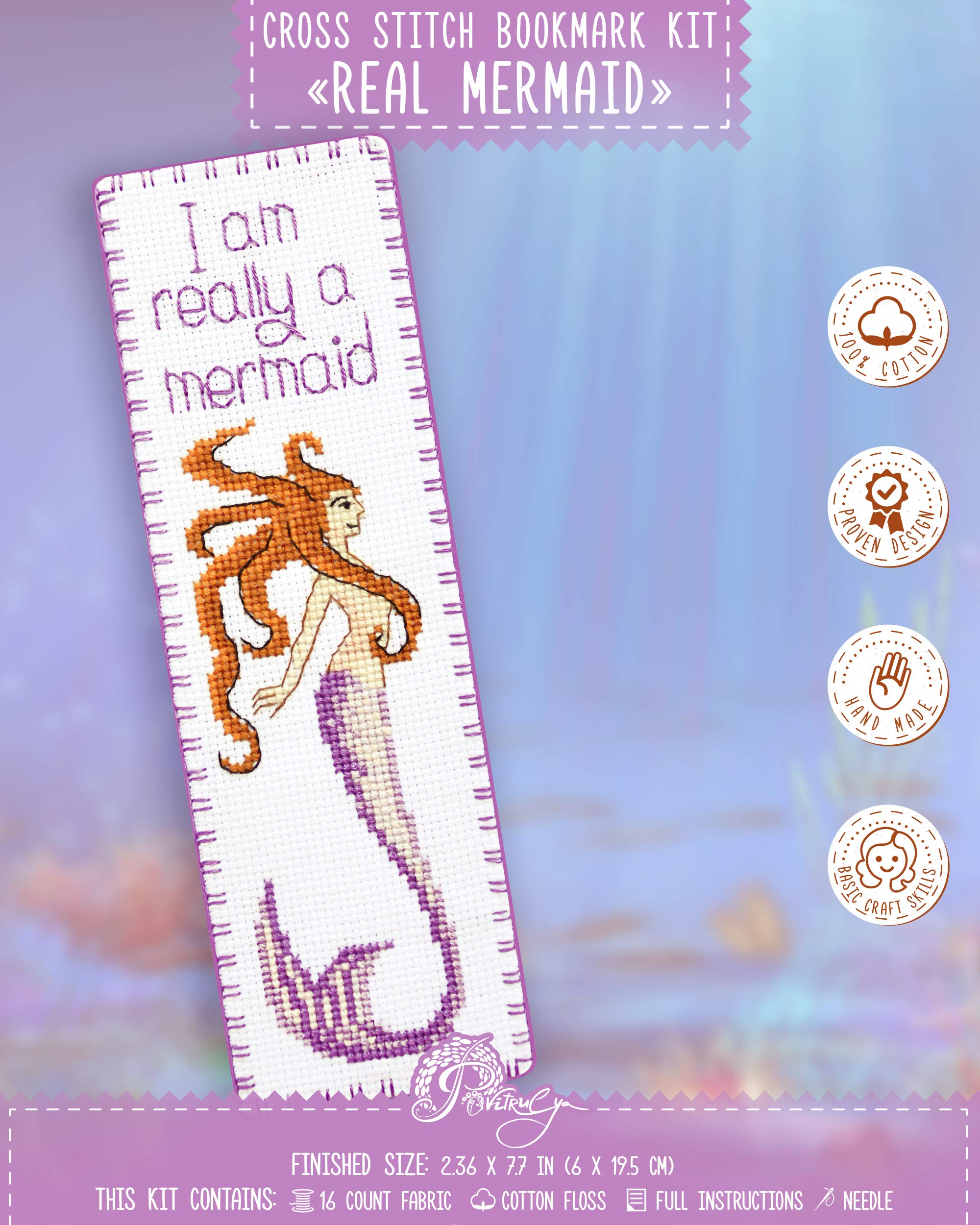 Counted Cross Stitch Bookmark Kit 'I am Really a Mermaid' for Hand Embroidery