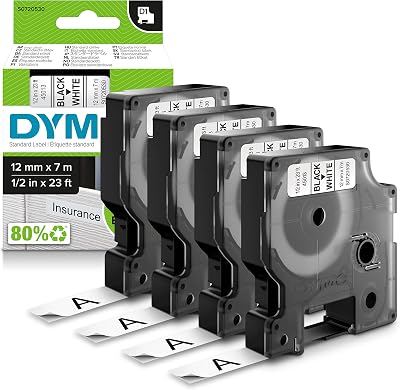 Dymo Authentic D1 Labels 12mm x 7m Black on White 4 Roll Pack