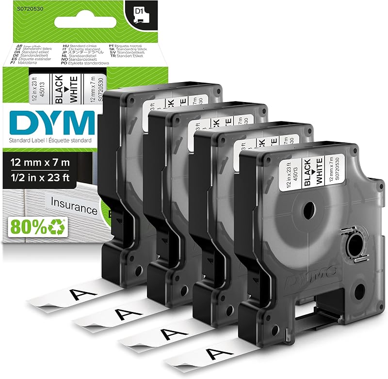 Dymo Authentic D1 Labels 12mm x 7m Black on White 4 Roll Pack