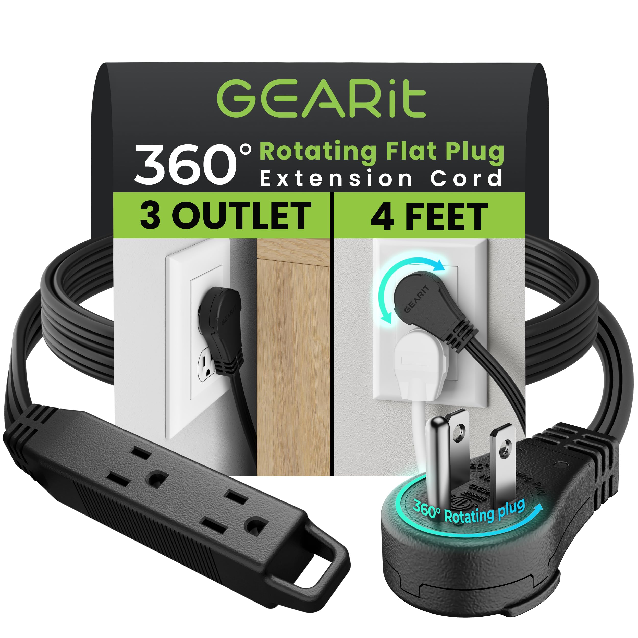 GEARit 360 Rotating Flat Plug Extension Cord