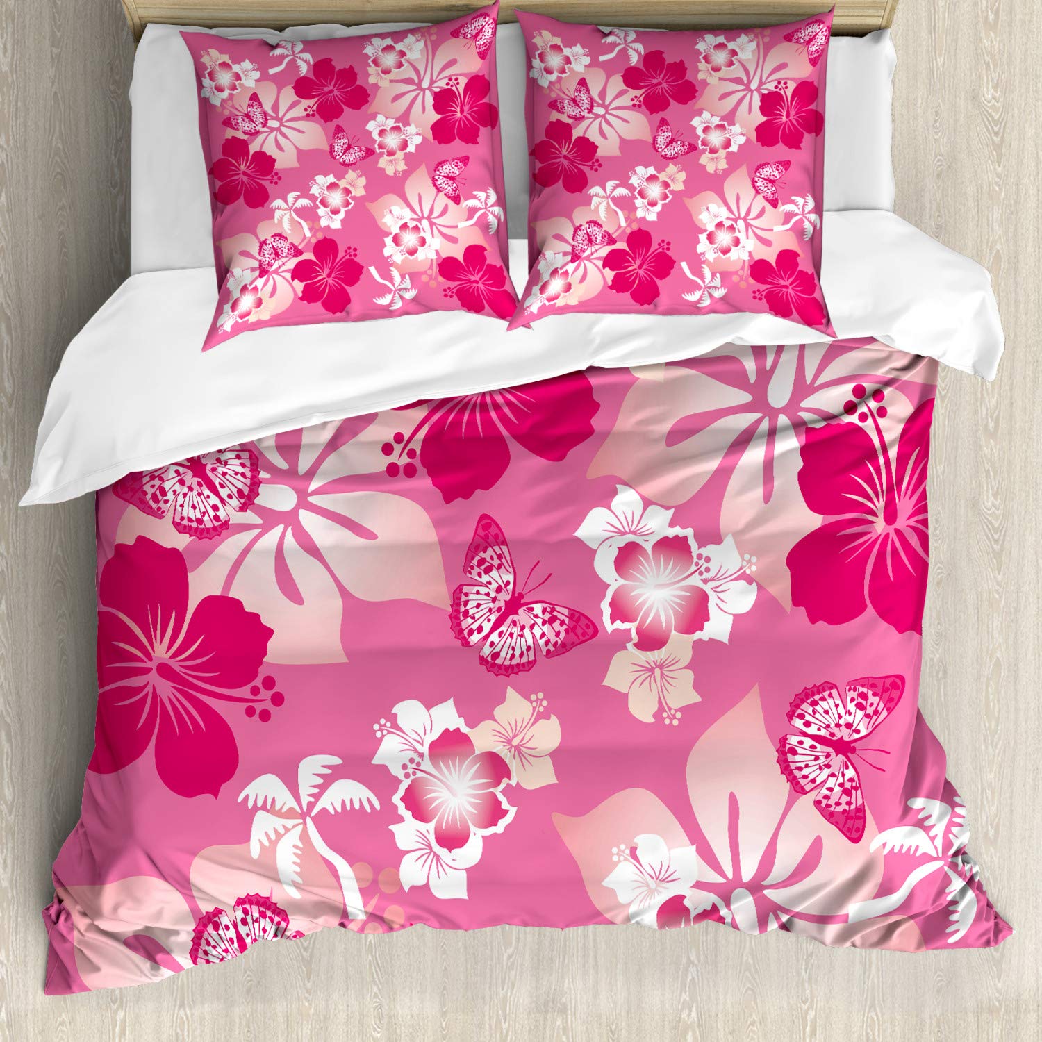 ABAKUHAUS Luau Duvet Cover Set, Abstract Hibiscus Pattern Dreamlike Fantasy Composition with Butterflies, Bedding Set 3 Pieces with 2 Pillow Shams, 200 cm x 200 cm, Pink Pale Peach White — image 1