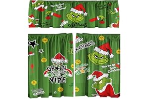 Cuteiush Christmas Holiday Kitchen Curtain Valance Set - 3 Pcs (1 Pc 52''L x 18''W Valance + 2 Pcs 36''L x 26''W Panels) | Green Festive Kitchen Decoration for Christmas Season