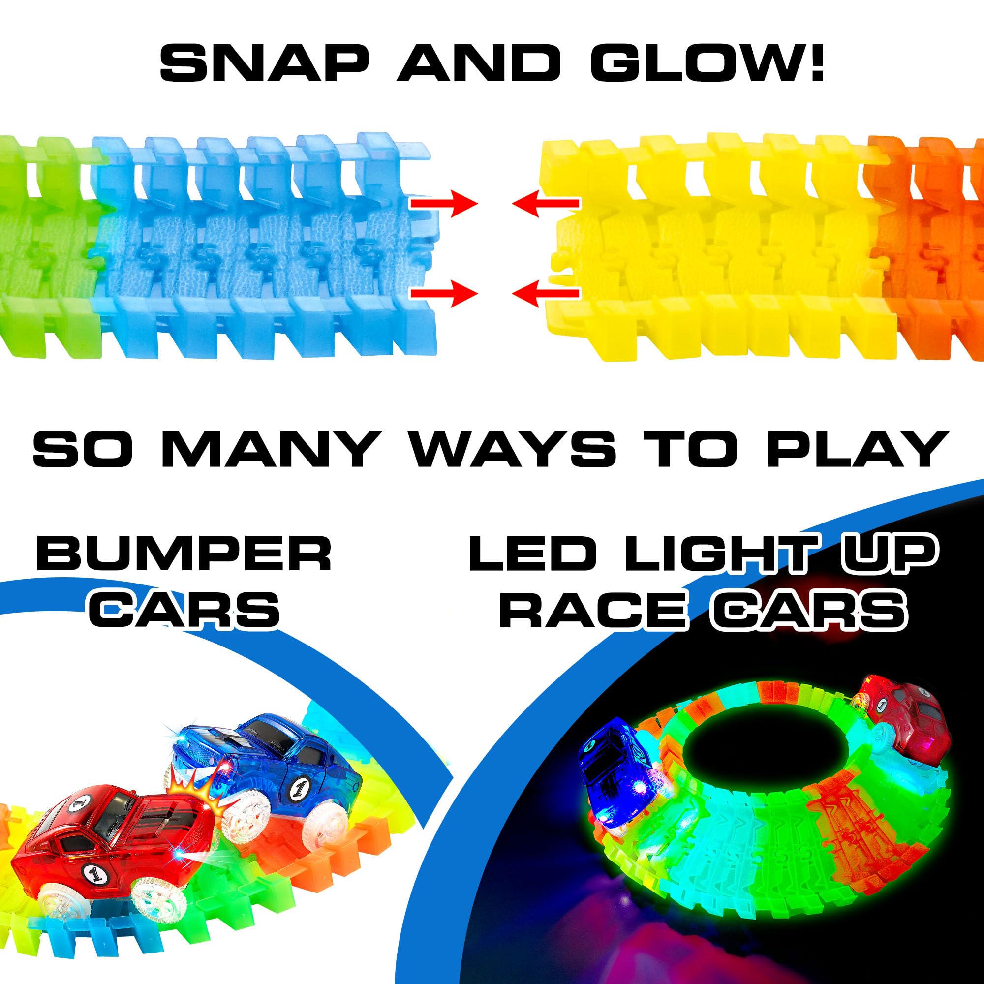 USA Toyz Glow Tracks Starter Kit Race Tracks and 2 LED Toy Cars - 216pk Glow in The Dark Bendable Flexible Rainbow Race Track Set with 2 Light Up Car Toys, STEM Building Toys for Boys and Girls