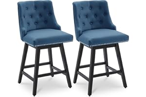 Busaurus Swivel Bar Stools Counter Height, 26" Upholstered Swivel Counter Stools with Back Set of 2, Modern Kitchen Island Stools with Solid Wood Legs, Blue