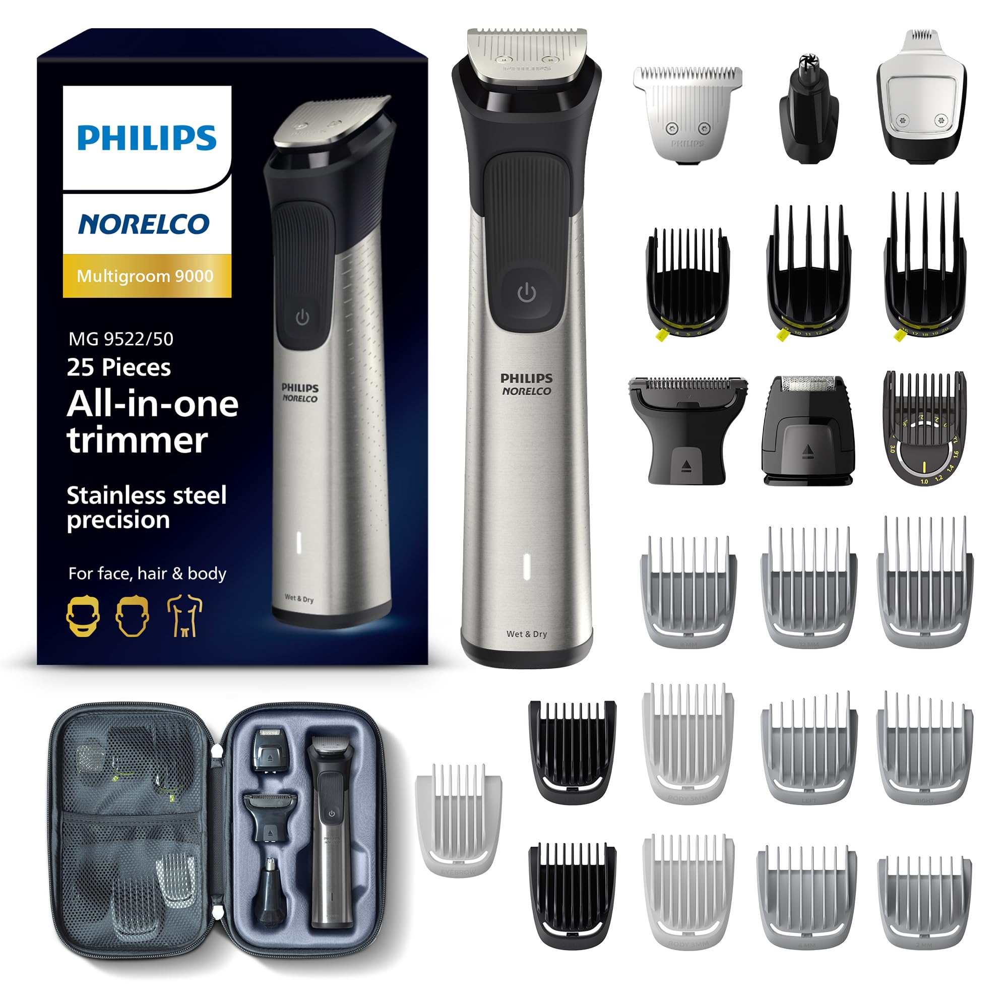 Photo 1 of Norelco Philips Multigroom 9000 Series, All-in-One Trimmer, Beard Trimmer and Hair Clipper, 25-Piece/27-Length Men's Grooming Kit for Beard, Face, Nose, Ear and Body, Travel Kit, MG9522/50