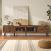 Marzzi Mid-Century Modern TV Stand for 85 inches TV, 76" Media Console with Fluted Cabinet Door, Sliding Glass Doors, and 2 Drawers, Entertainment Center with Storage, Solid Wood Legs