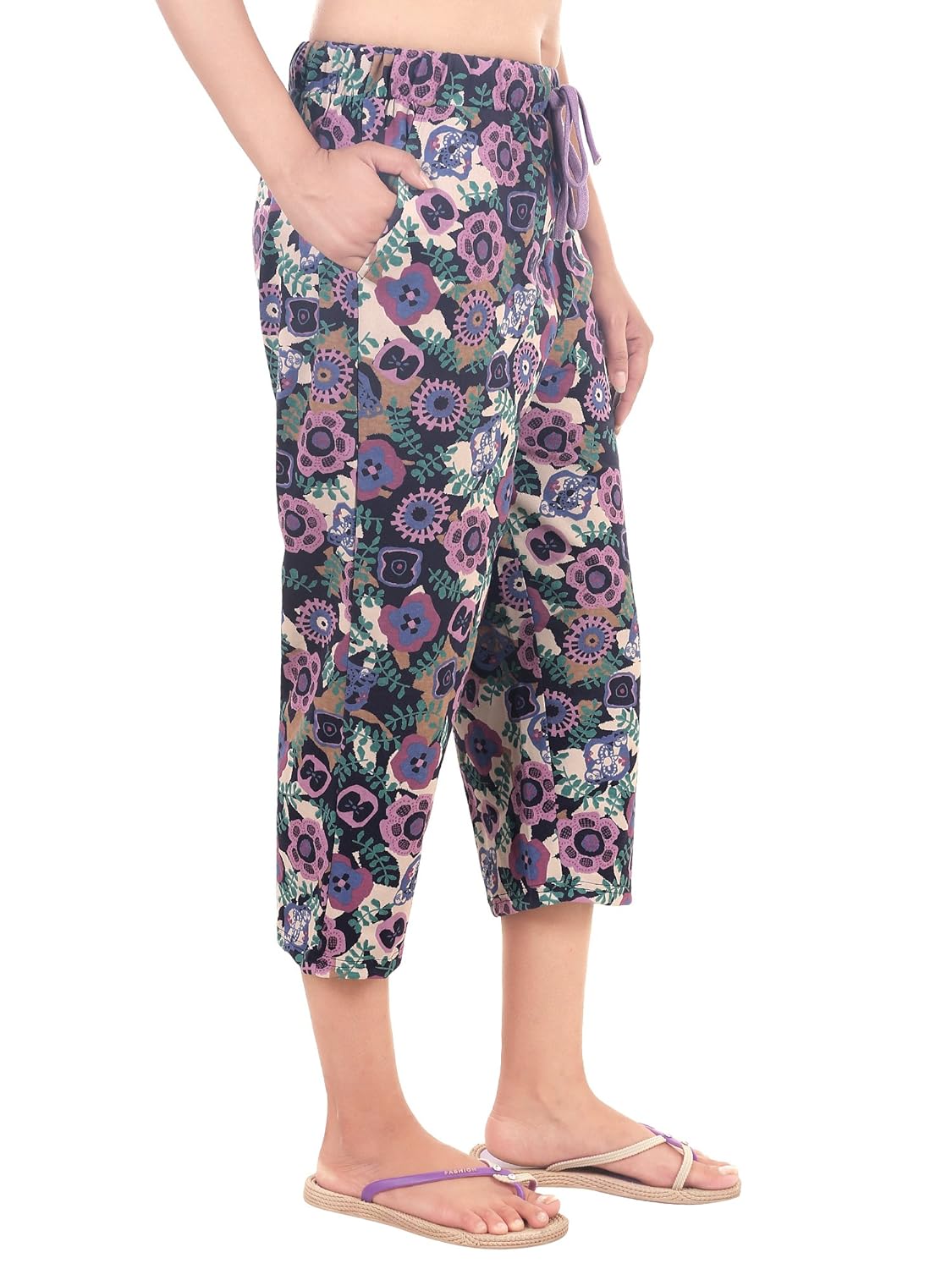 9teenagain women's cotton hosiery nightwear capri(navy blue & purple printed)