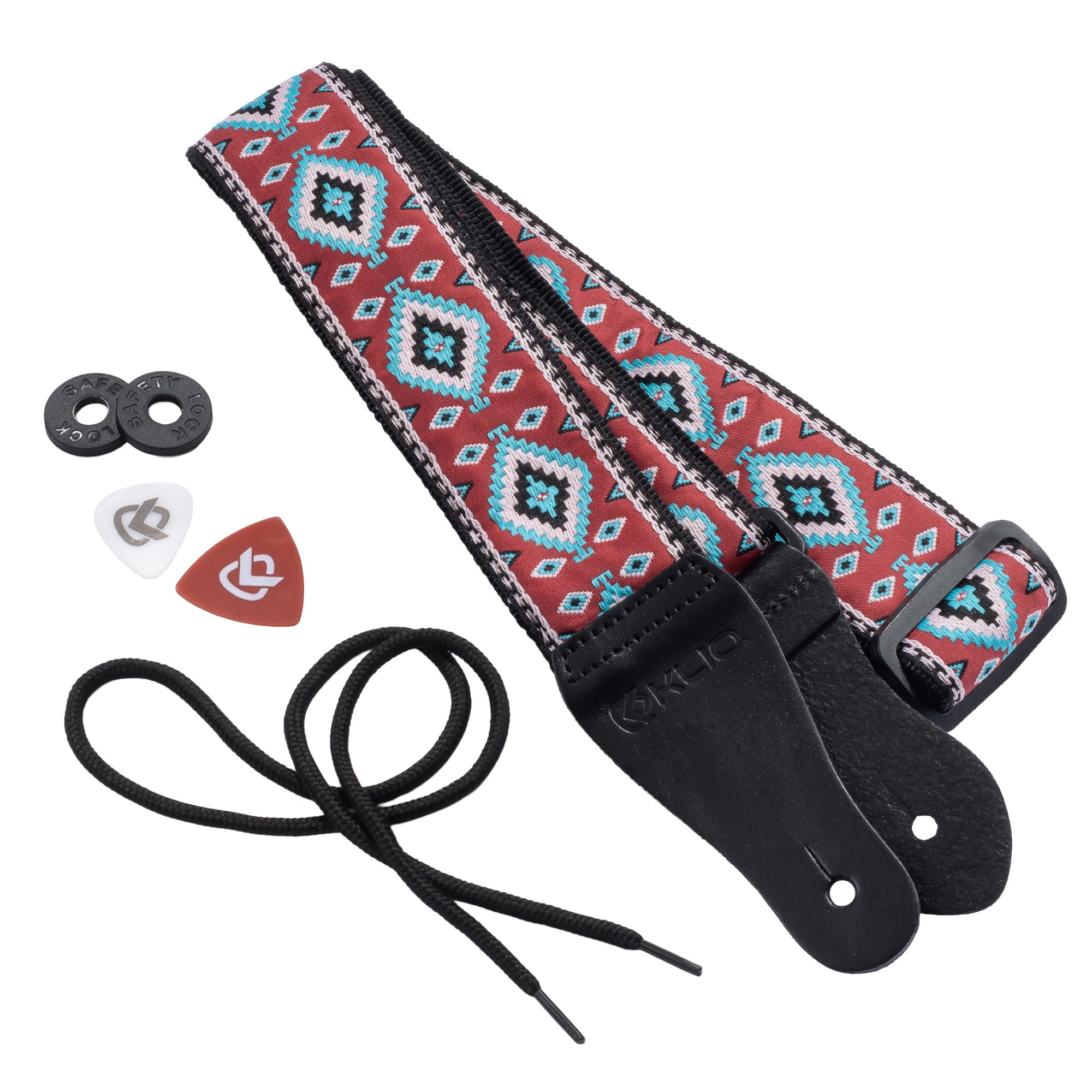 KLIQ Vintage Woven Guitar Strap for Acoustic and Electric Guitars | '60s Jacquard Weave Hootenanny Style | 2 Rubber Strap Locks Included (Diné, Red Clay/Turquoise)