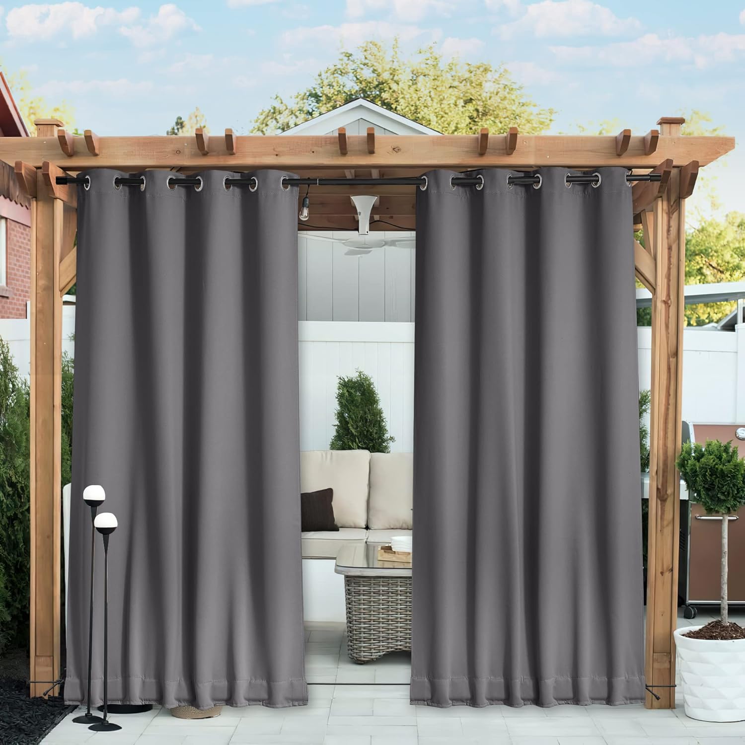 Outdoor Curtains - NICETOWN 2 Panels Outdoor Curtains Waterproof Grommet & Back Tab on Top & Bottom, Thermal Insulated Fixed Windproof Blackout Outdoor Drapes Privacy for Patio with Rope for Fixed, W52 x L95, Grey